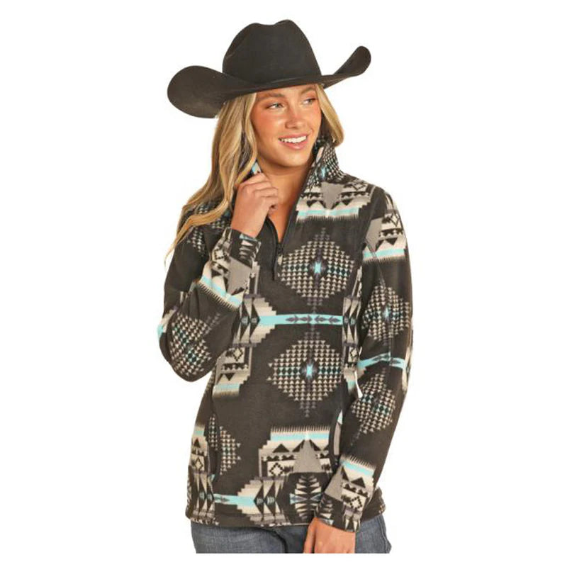 Powder River Women's Long Sleeve Aztec Printed Pullover- Black