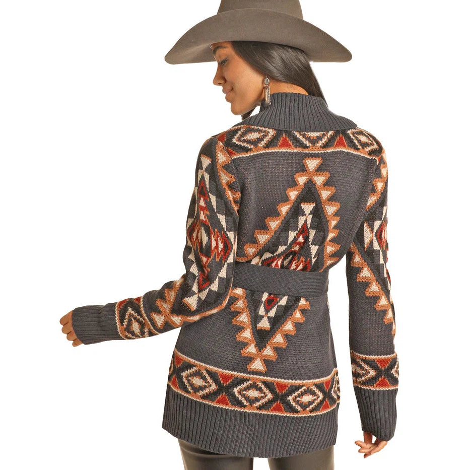 Powder River Women's Long Sleeve Aztec Cardigan- Charcoal