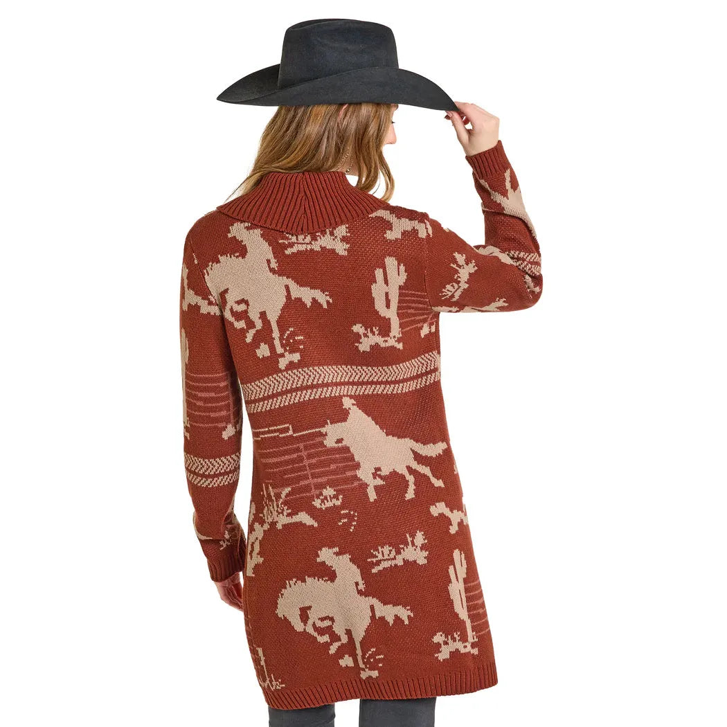 Panhandle Women's Cowboy Print Button Long Sleeve Cardigan- Brown