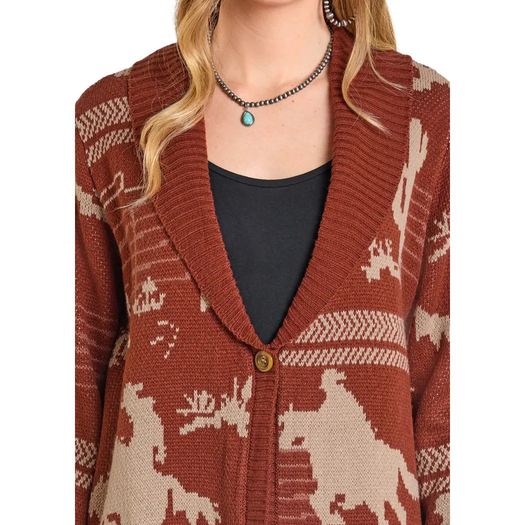 Panhandle Women's Cowboy Print Button Long Sleeve Cardigan- Brown