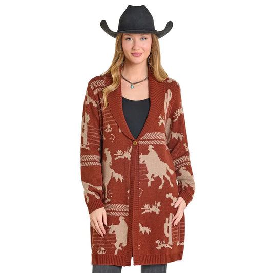 Panhandle Women's Cowboy Print Button Long Sleeve Cardigan- Brown