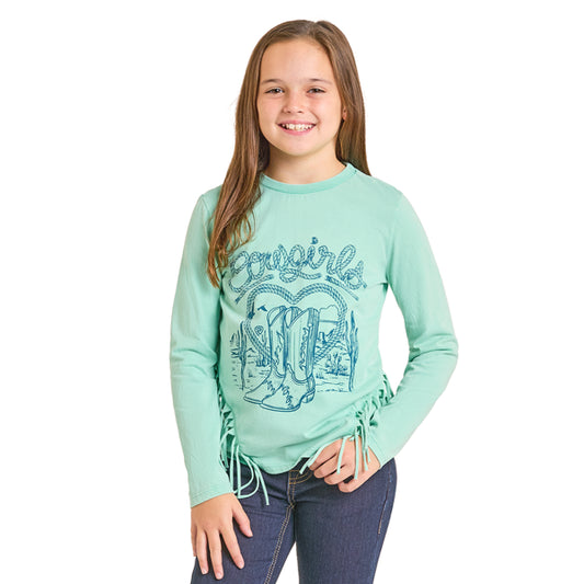 Rock & Roll Girl's Cowgirls Fringe Long Sleeve Tee Shirt - Turquoise