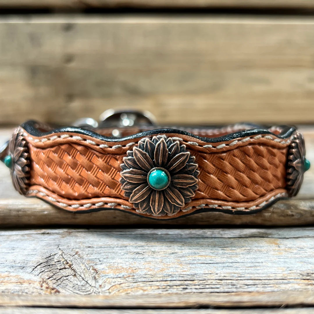 Rodeo Drive Leather with Copper Flower Conchos Dog Collar - Medium Oil Leather