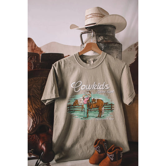 The Branded Roan Cowkids Raised Right T-Shirt-Khaki - Irvine Tack & Western Wear