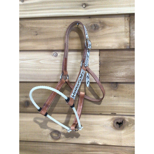 San Saba 1" Harness Leather Halter w/ Rope Nose -Floral & Buckstitch