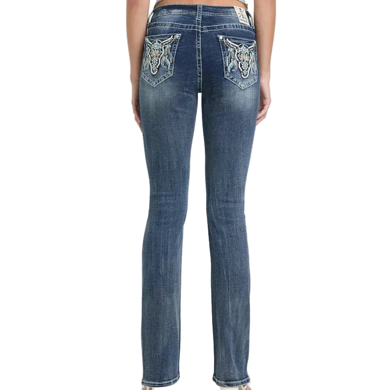 Grace in LA Women's Steer Head & Feathers Embellished Pocket Jeans