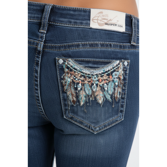 Grace in LA Women's Feather Colourful Embroidered Bootcut Jeans