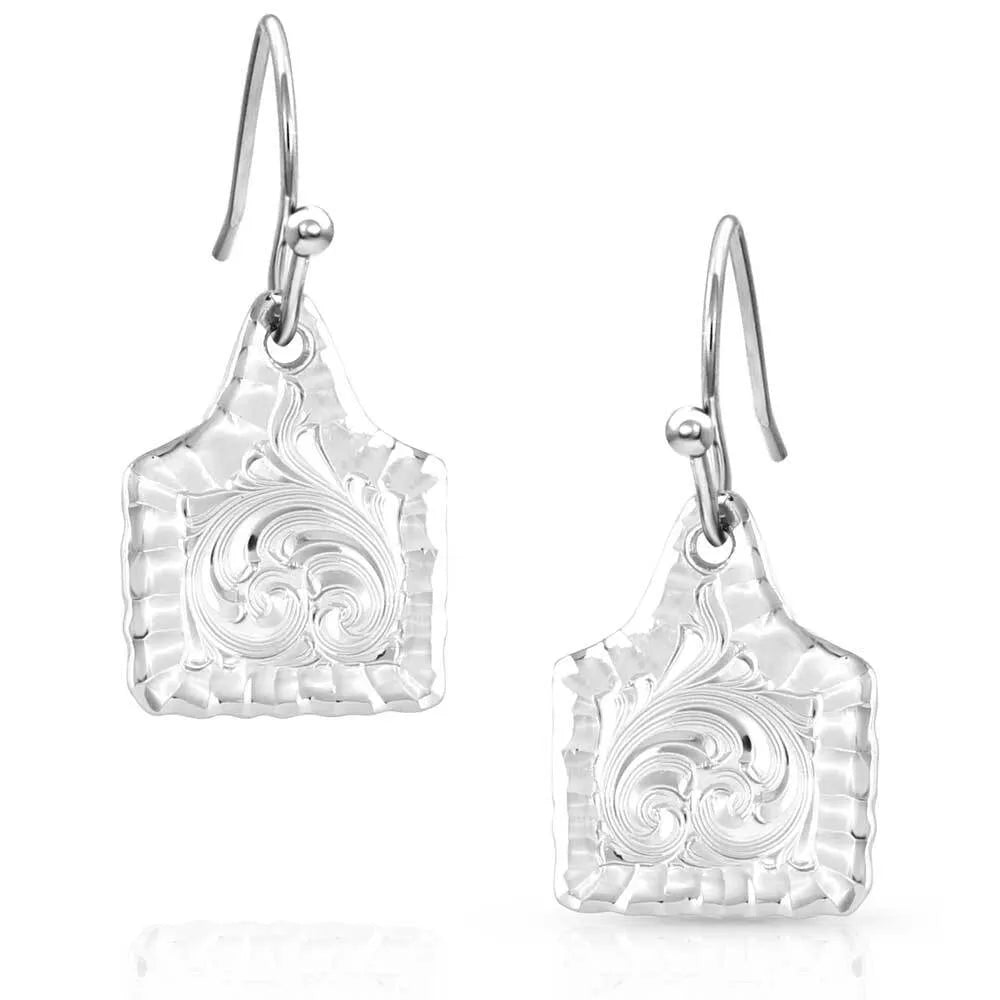Montana Silversmiths Chiseled Cow Silver Ear Tag Earrings