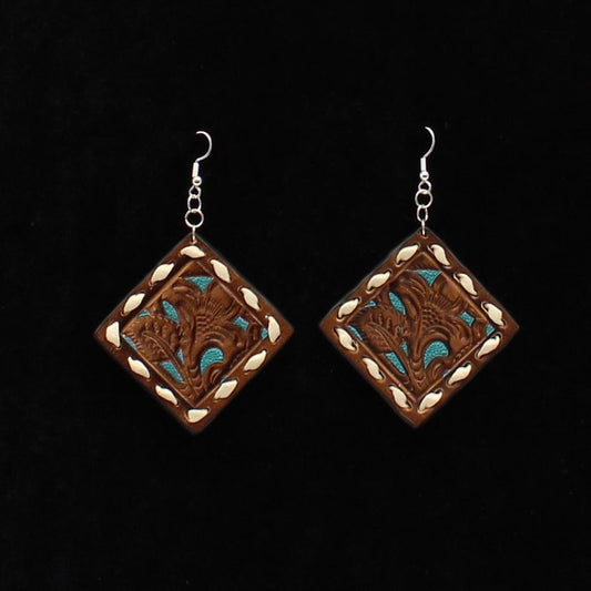 Blazin Roxx Leather Pierced Buckstitched Edge Earrings - Turquoise Inlay
