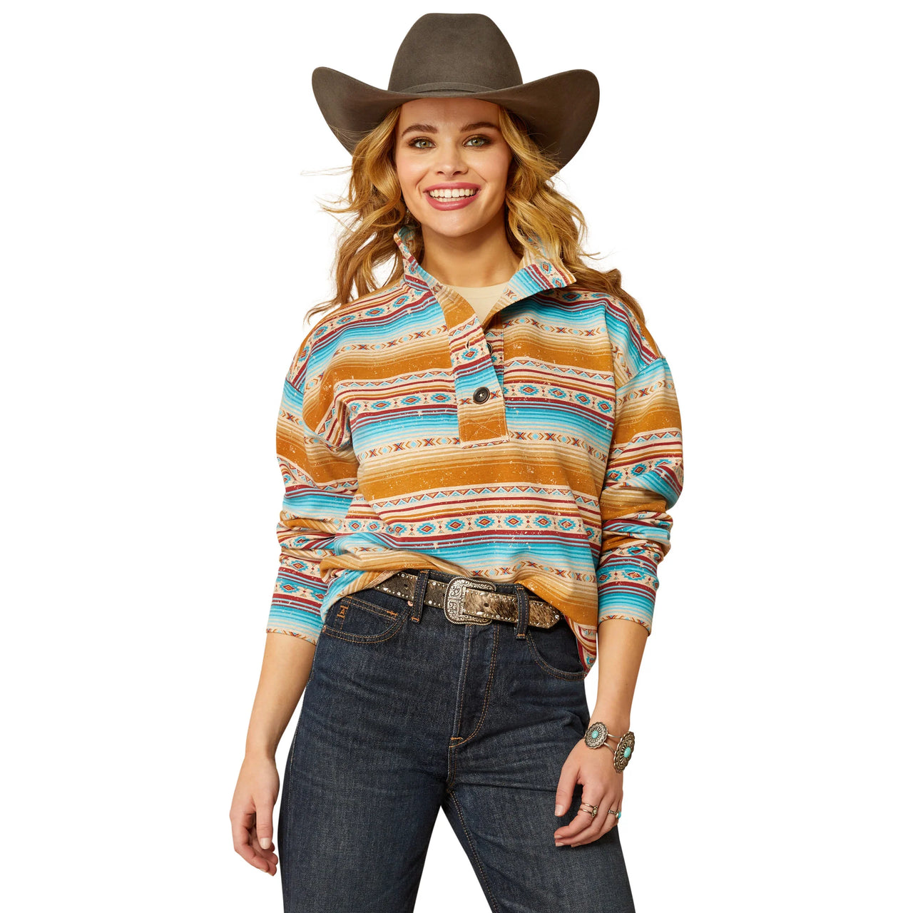 Ariat Women's Hometown Long Sleeve Sweatshirt- Orange Fallon Serape Print