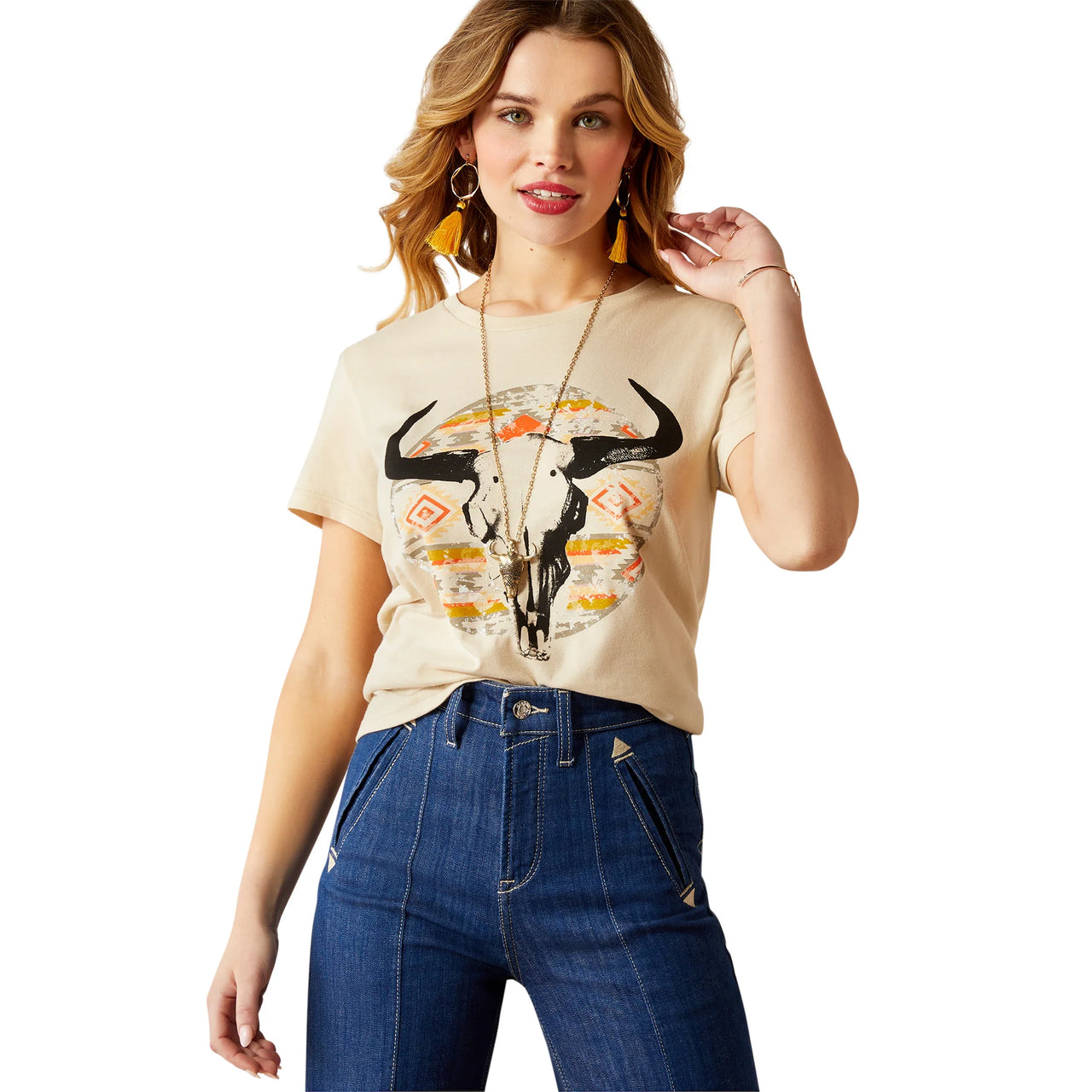 Ariat Women's Longhorn Watercolor Short Sleeve Tee Shirt-Natural