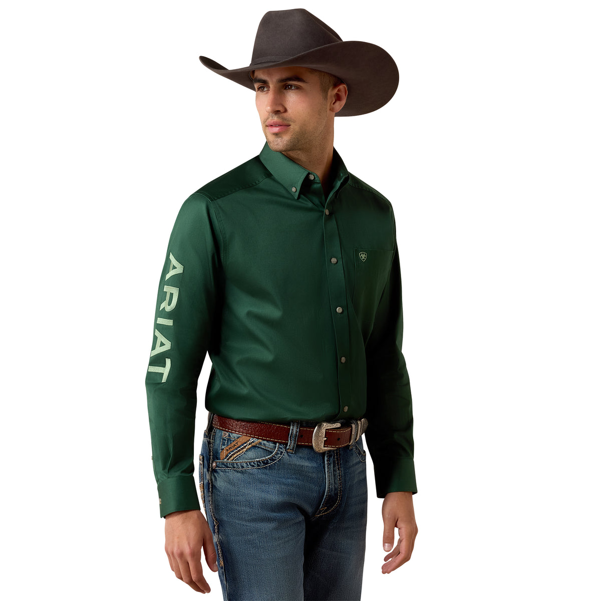 Ariat Men's Team Logo Twill Classic Fit Shirt - Pineneedle Green/Aspen Green
