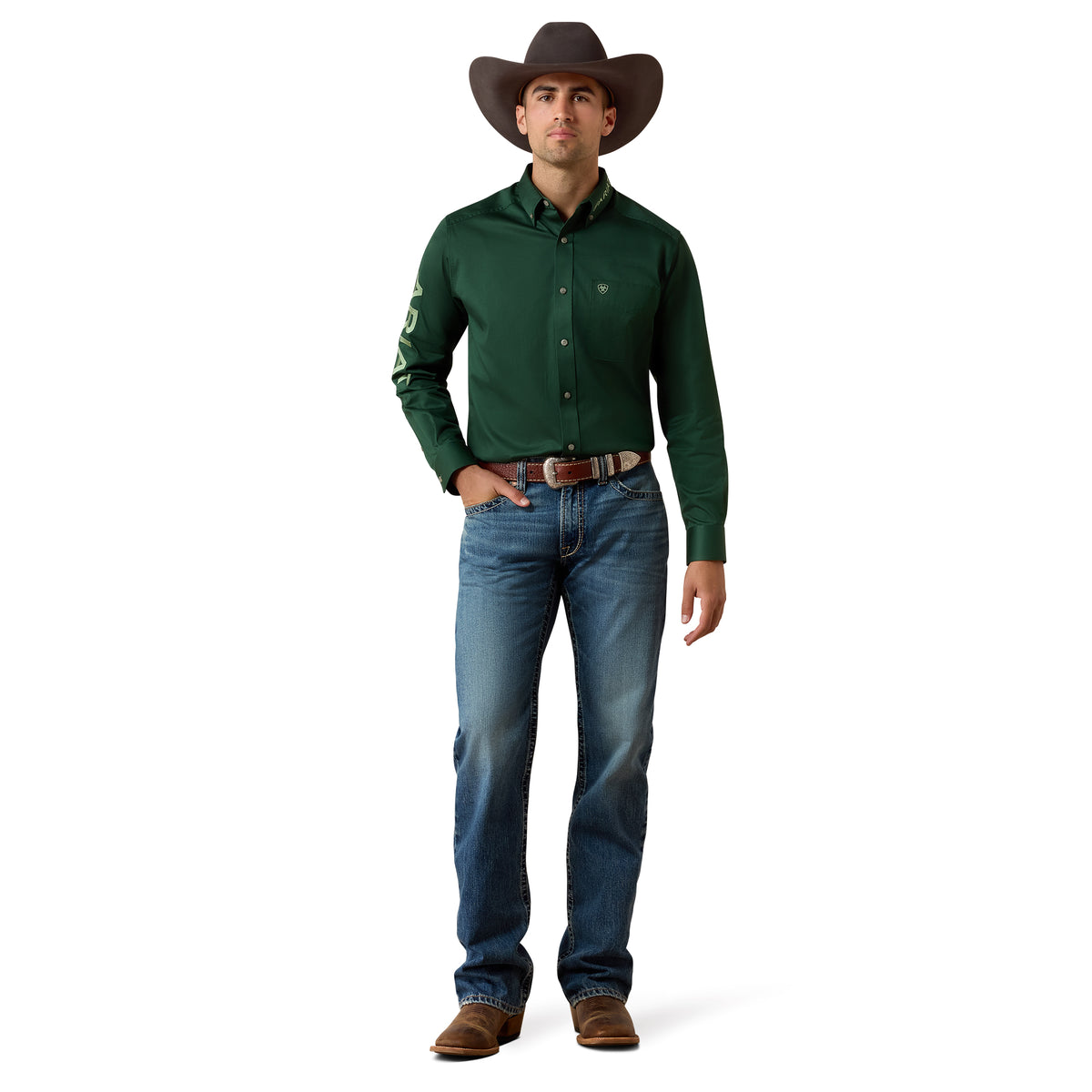 Ariat Men's Team Logo Twill Classic Fit Shirt - Pineneedle Green/Aspen Green