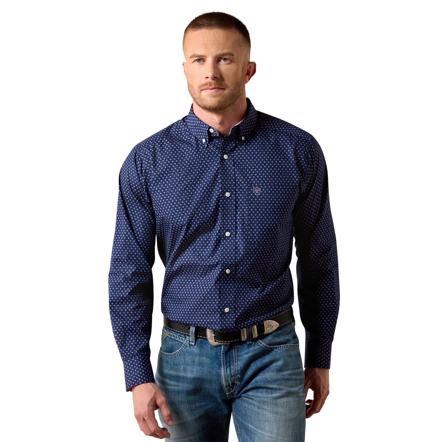 Ariat Men's Wrinkle Free Wes Classic Fit Long Sleeve Shirt - Maritime Blue