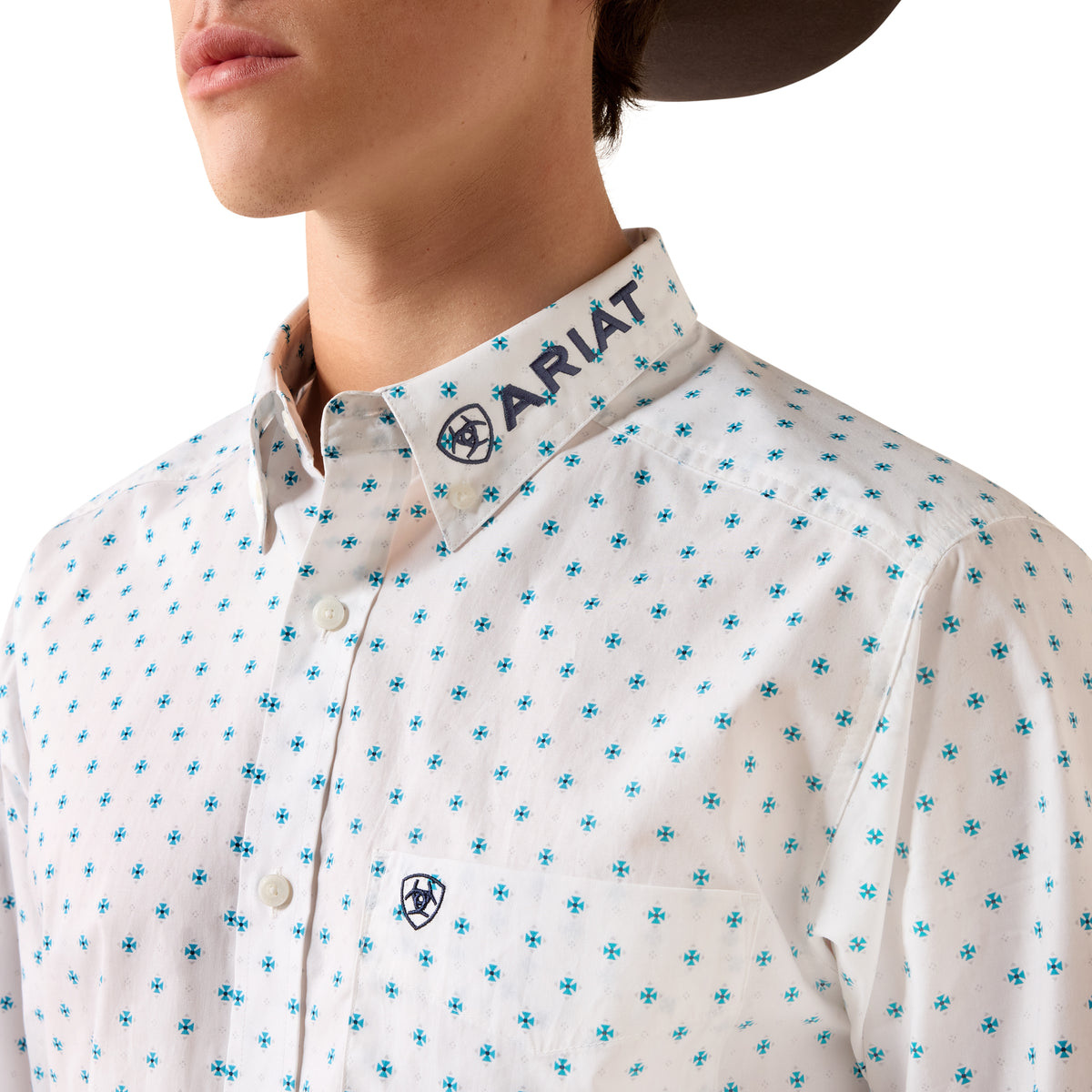 Ariat Men's Team Emory Fitted Shirt - White Multi Geo Print/Maritime
