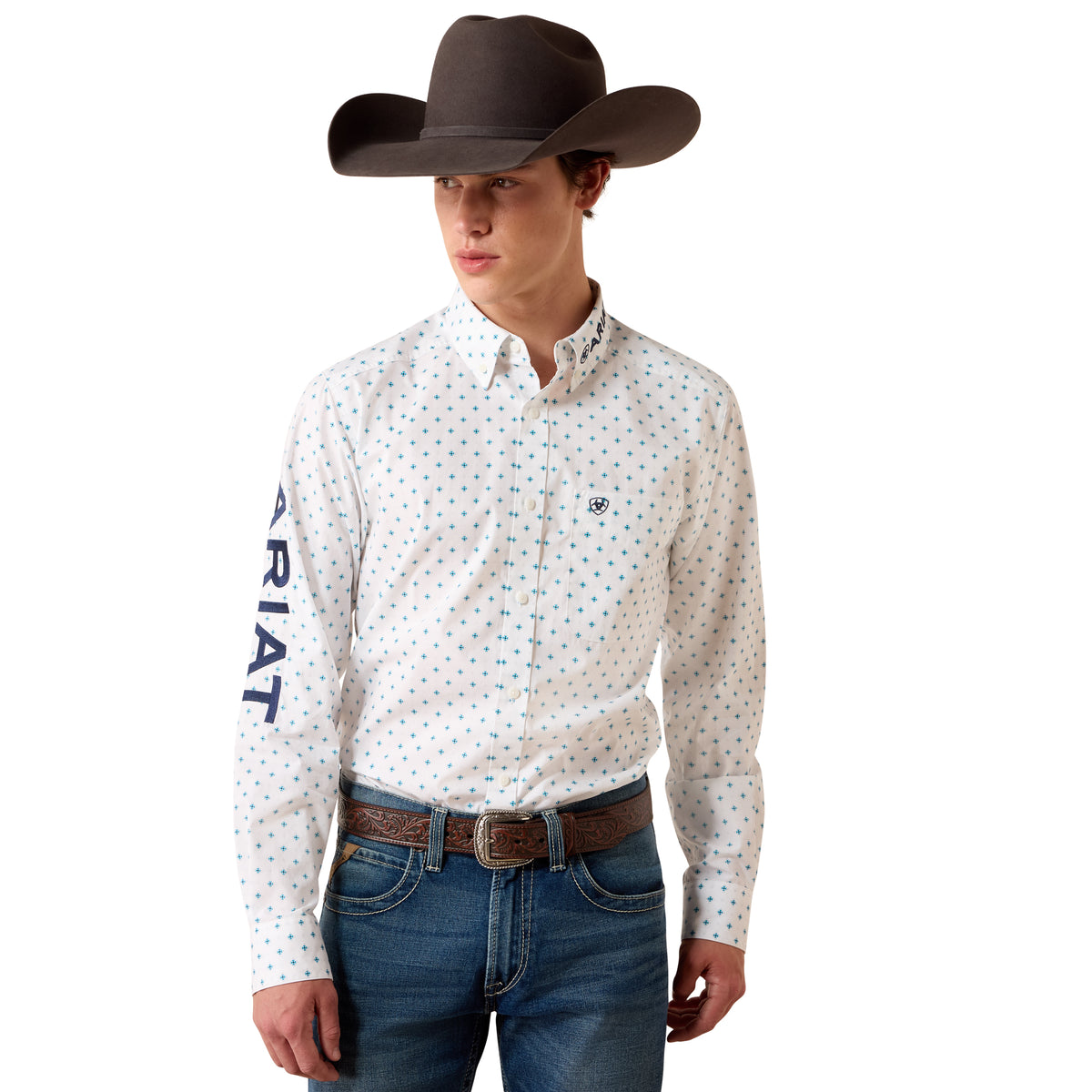 Ariat Men's Team Emory Fitted Shirt - White Multi Geo Print/Maritime