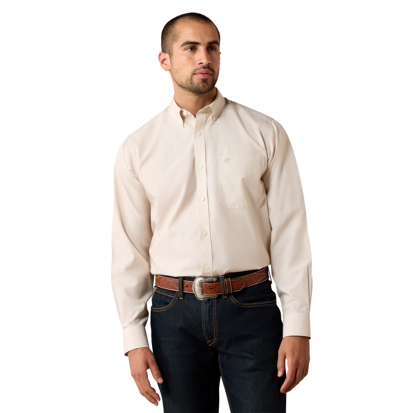Ariat Men's Wrinkle Free Solid Pinpoint Oxford Classic Fit Shirt - Savannah Tan