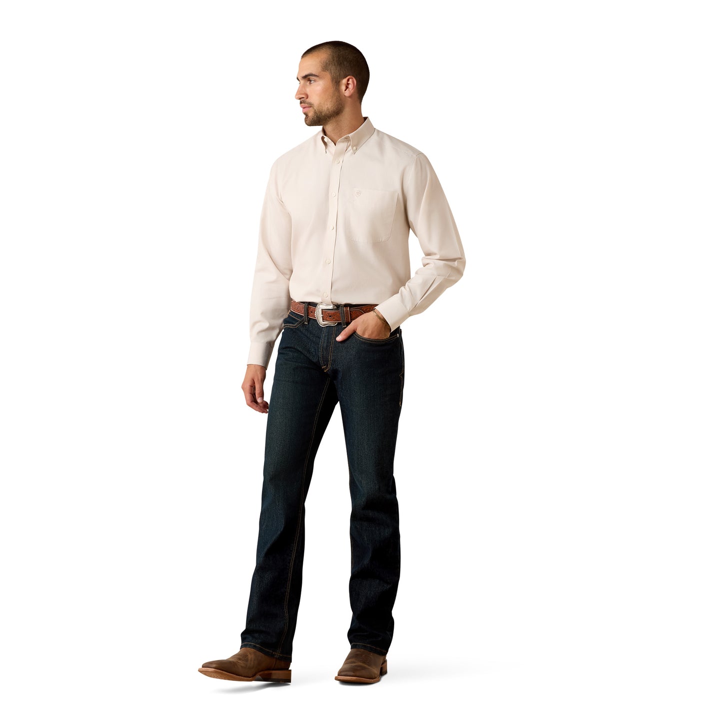 Ariat Men's Wrinkle Free Solid Pinpoint Oxford Classic Fit Shirt - Savannah Tan