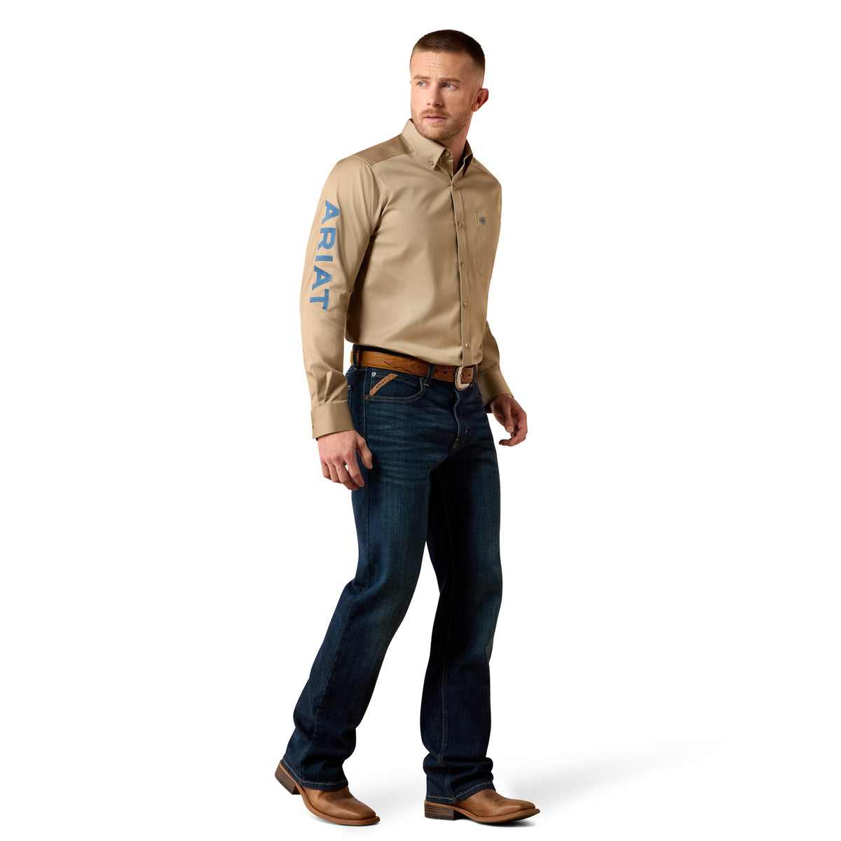 Ariat Men's Team Logo Twill Classic Fit Shirt - Savannah Tan/Navy