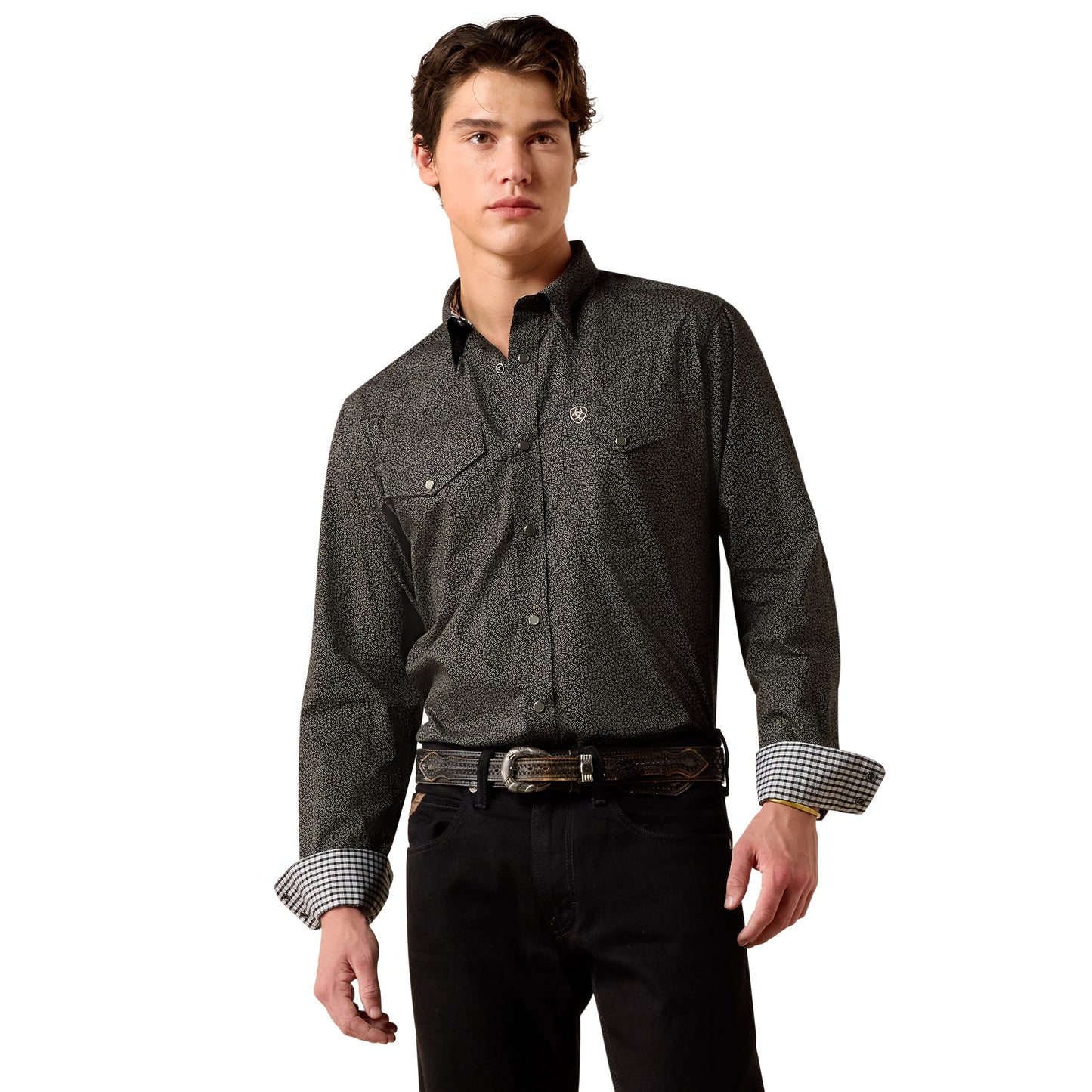 Ariat Men's Wrinkle Free Braven Fitted Snap Shirt - Black Textured Print