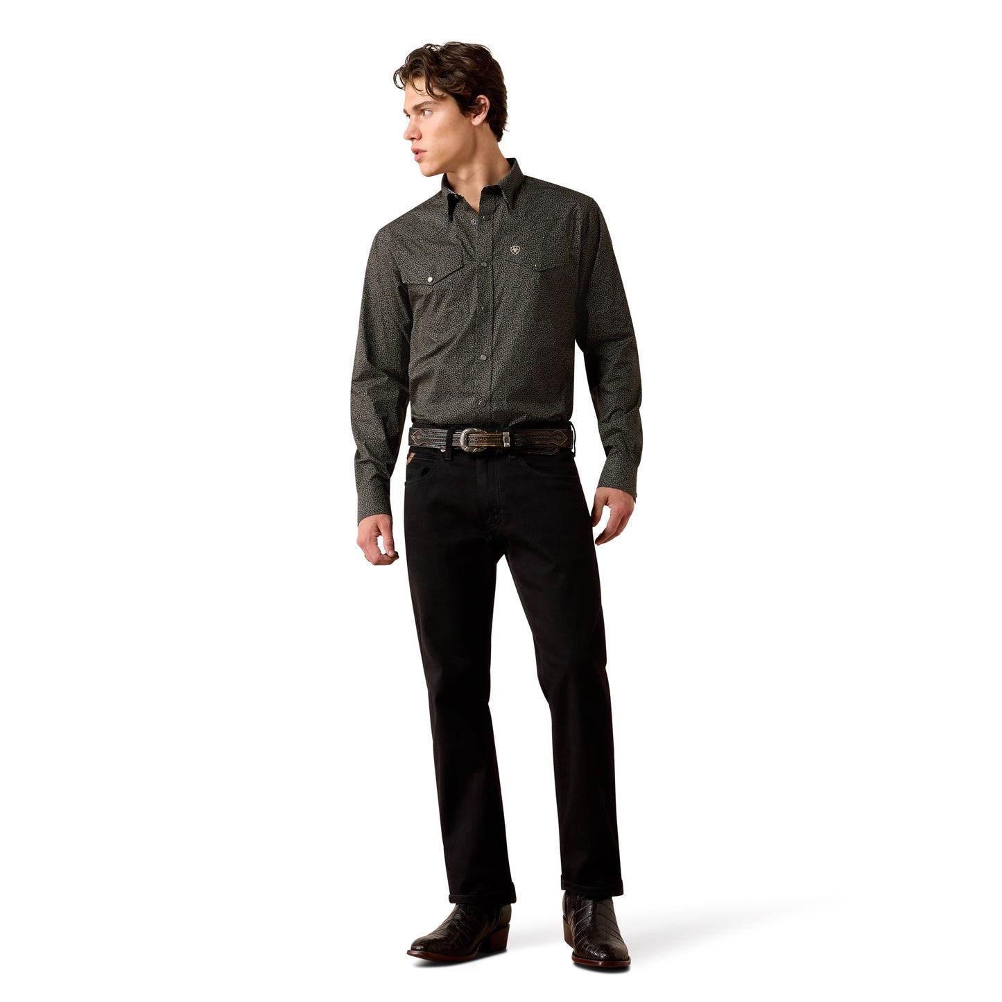 Ariat Men's Wrinkle Free Braven Fitted Snap Shirt - Black Textured Print