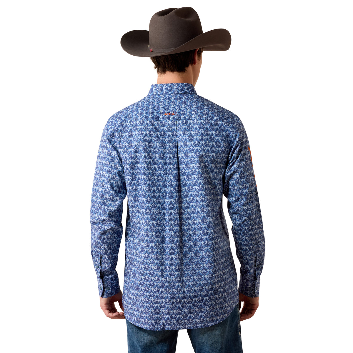 Ariat Men's Team Eric Fitted Shirt - Blue Multi Ikat Print/Coral