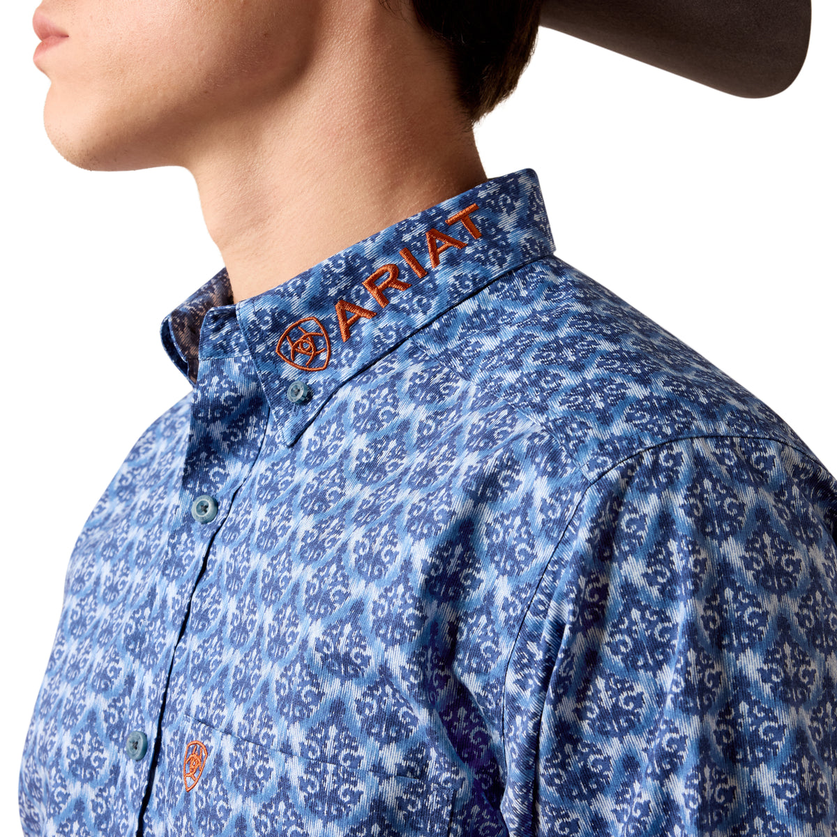 Ariat Men's Team Eric Fitted Shirt - Blue Multi Ikat Print/Coral