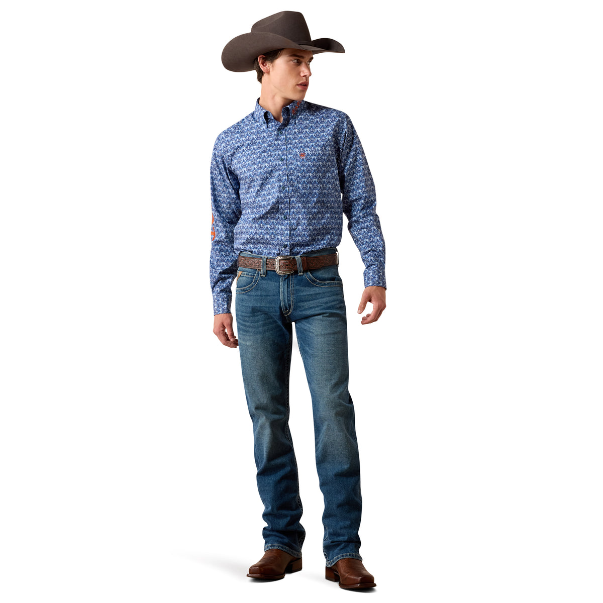 Ariat Men's Team Eric Fitted Shirt - Blue Multi Ikat Print/Coral