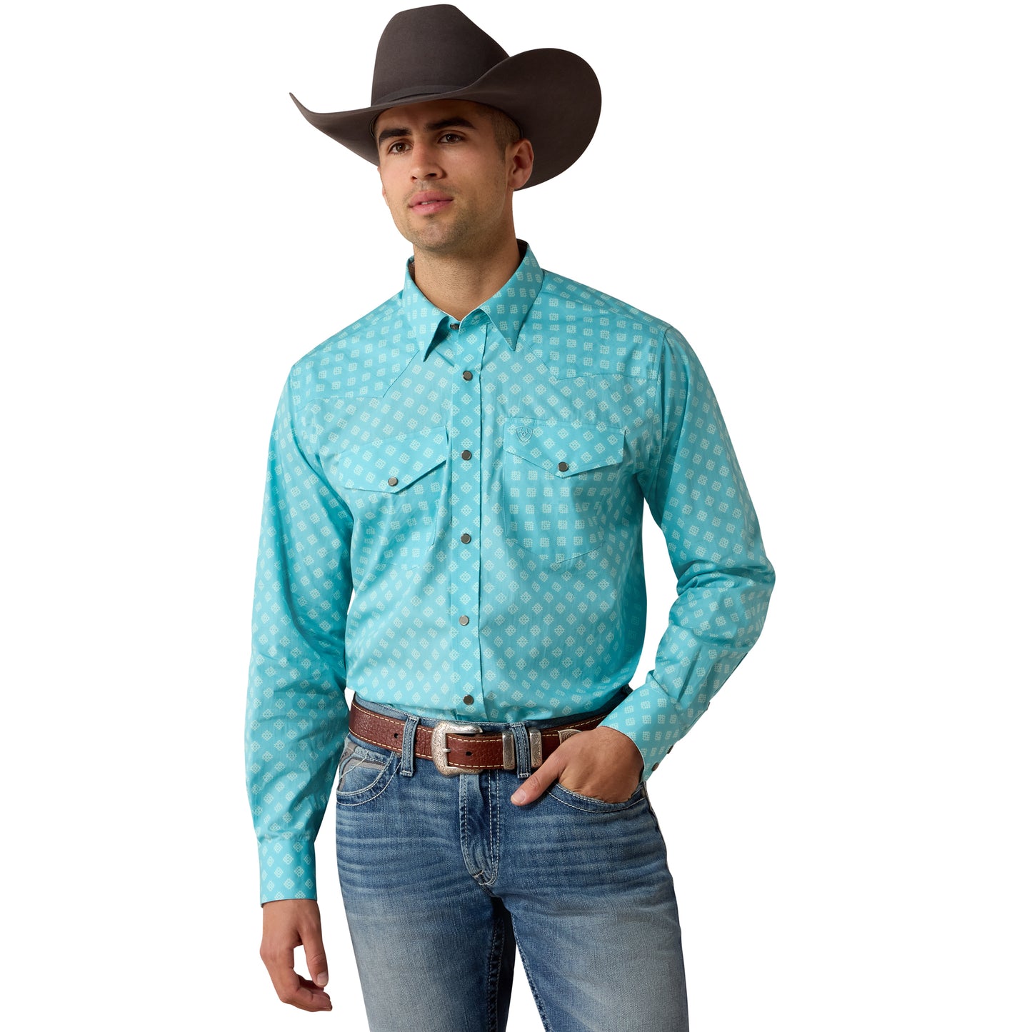 Ariat Men's Wrinkle Free Bobbee Classic Fit Snap Shirt - Aqua Geo Print