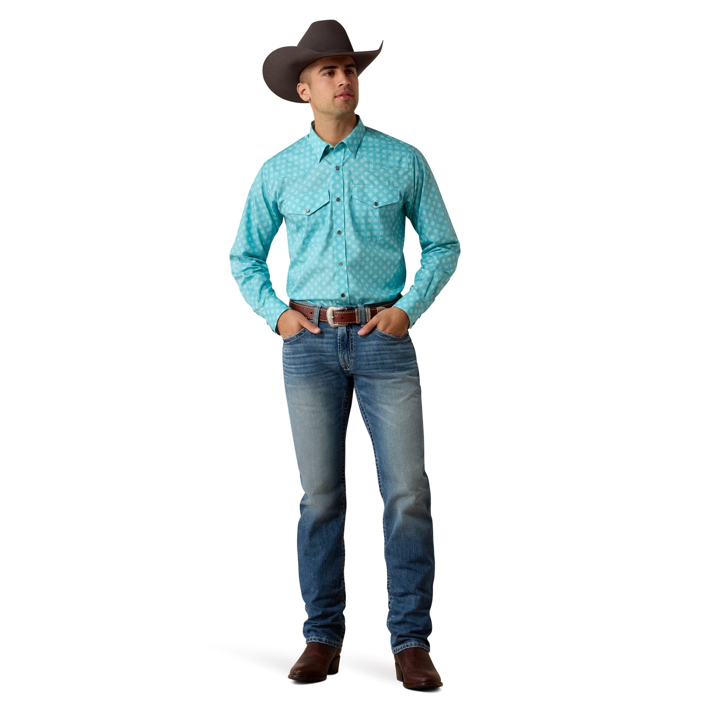 Ariat Men's Wrinkle Free Bobbee Classic Fit Snap Shirt - Aqua Geo Print