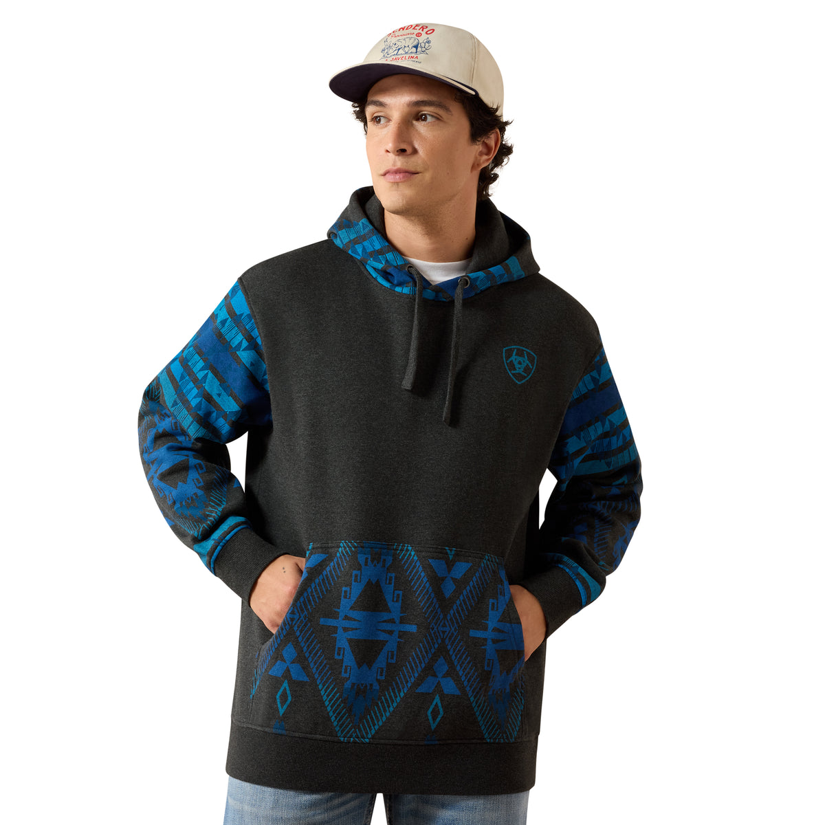 Ariat Men's Southwestern Color Block Hoodie - Charcoal Heather Southwest Pri