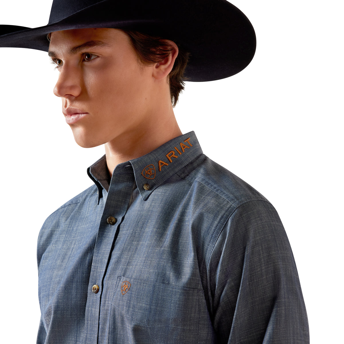 Ariat Men's Team Logo Twill Fitted Shirt - Chambray Blue/Saddle Brown