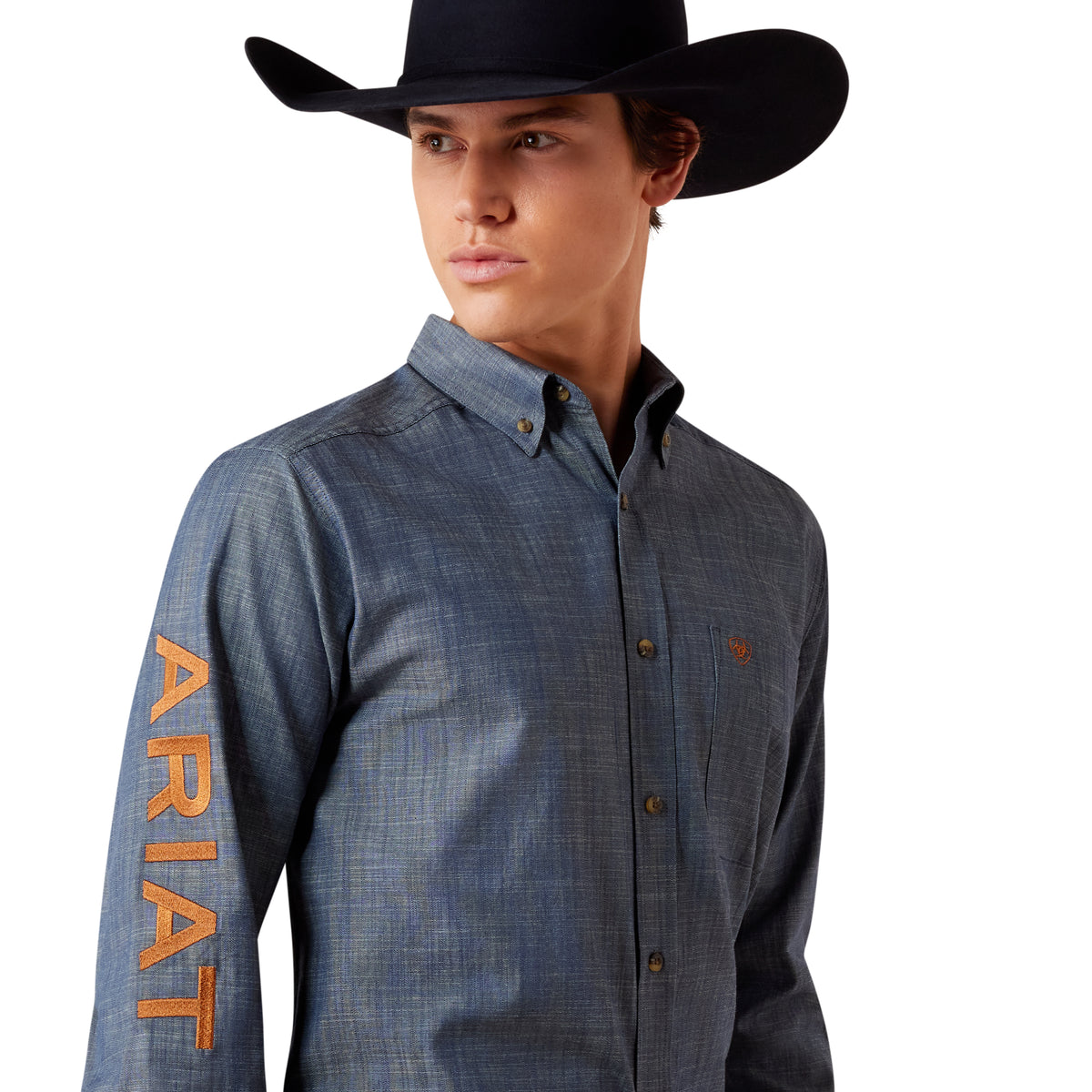 Ariat Men's Team Logo Twill Fitted Shirt - Chambray Blue/Saddle Brown