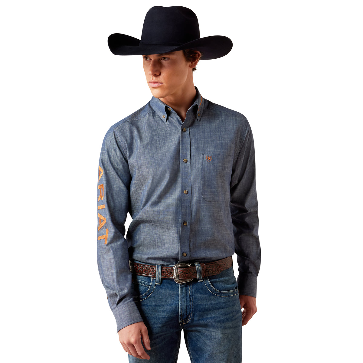 Ariat Men's Team Logo Twill Fitted Shirt - Chambray Blue/Saddle Brown
