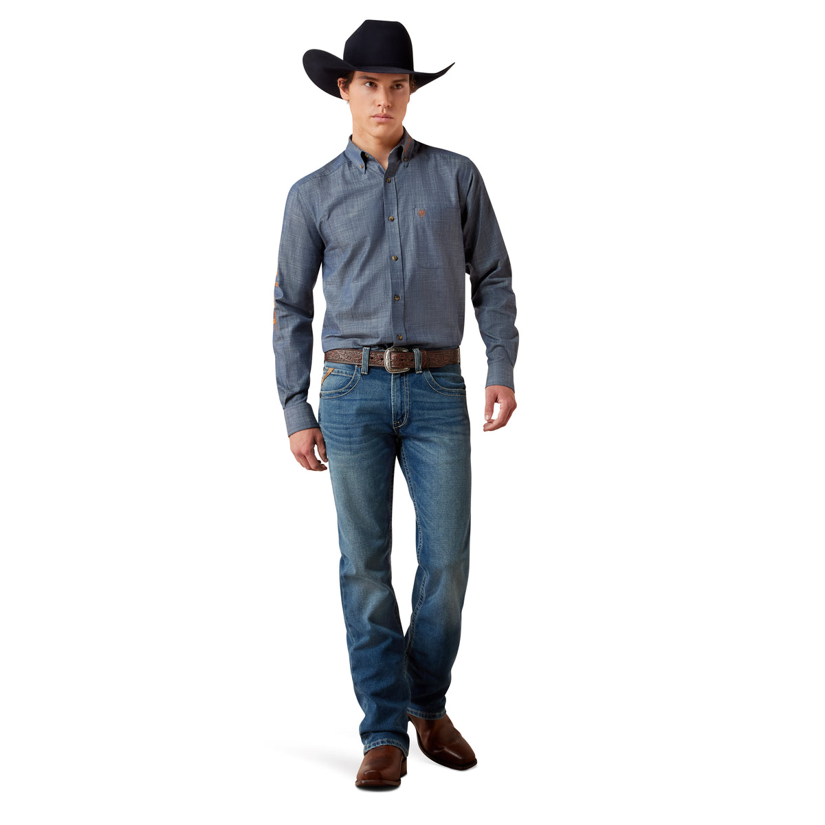 Ariat Men's Team Logo Twill Fitted Shirt - Chambray Blue/Saddle Brown