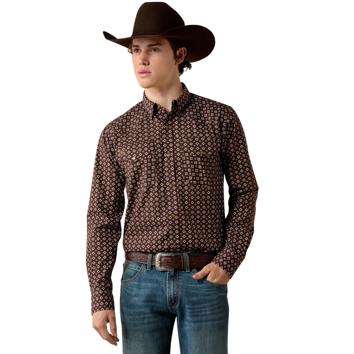 Ariat Men's Wrinkle Free Rebel Snap Shirt - Coffee Bean Southwest Print