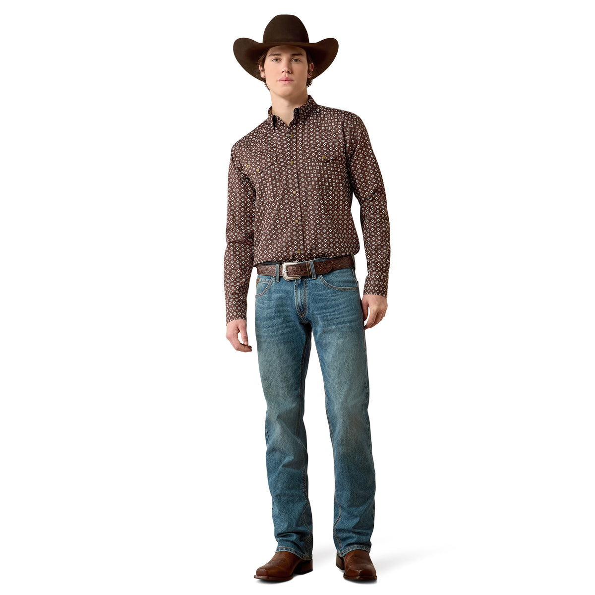 Ariat Men's Wrinkle Free Rebel Snap Shirt - Coffee Bean Southwest Print