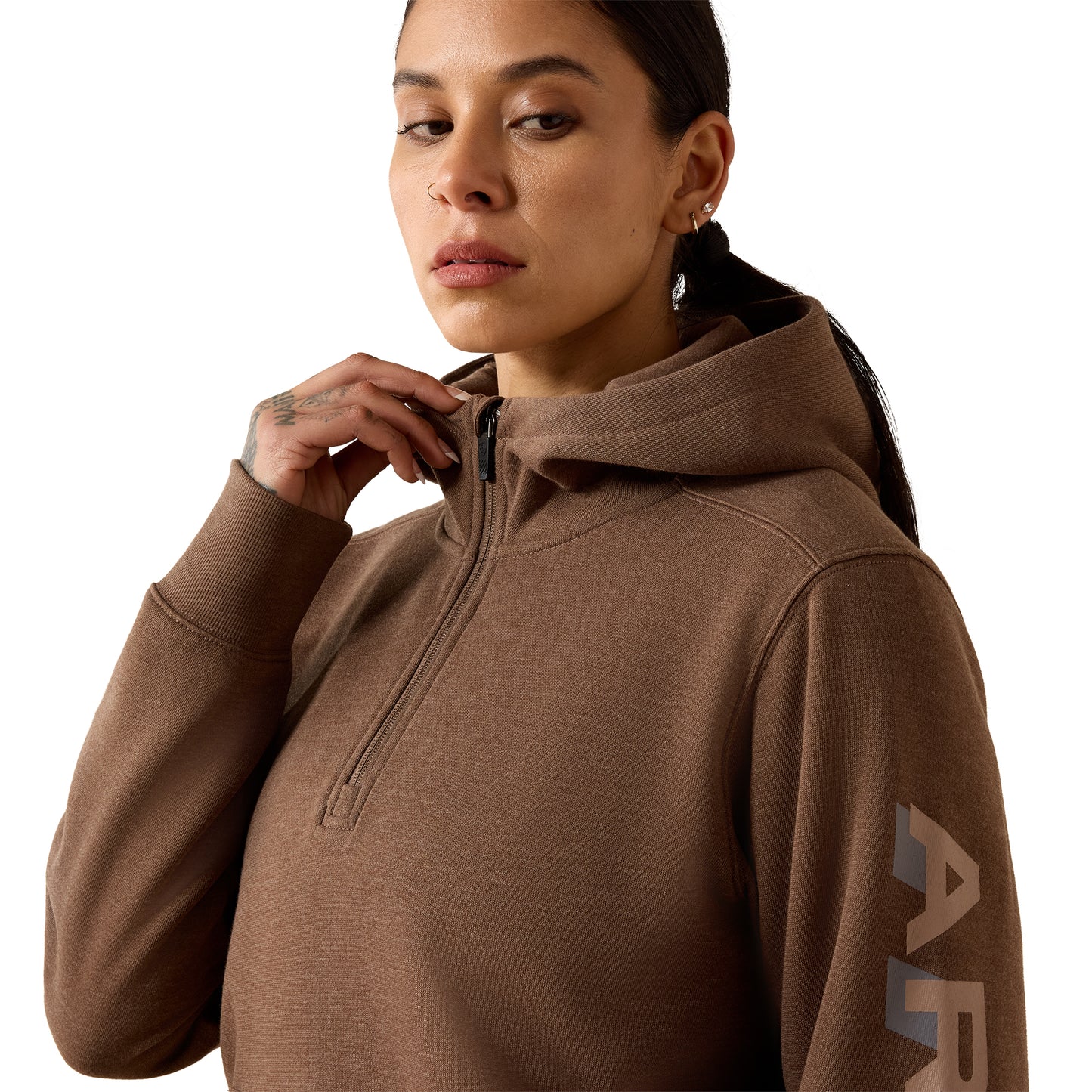Ariat Women's Rebar Lightweight Logo 1/2 Zip Hoodie - Raindrum Heather/Ginger Snap