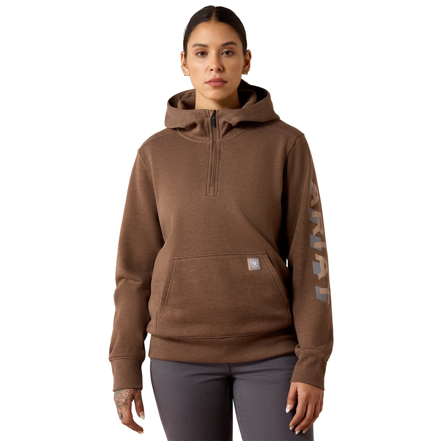 Ariat Women's Rebar Lightweight Logo 1/2 Zip Hoodie - Raindrum Heather/Ginger Snap