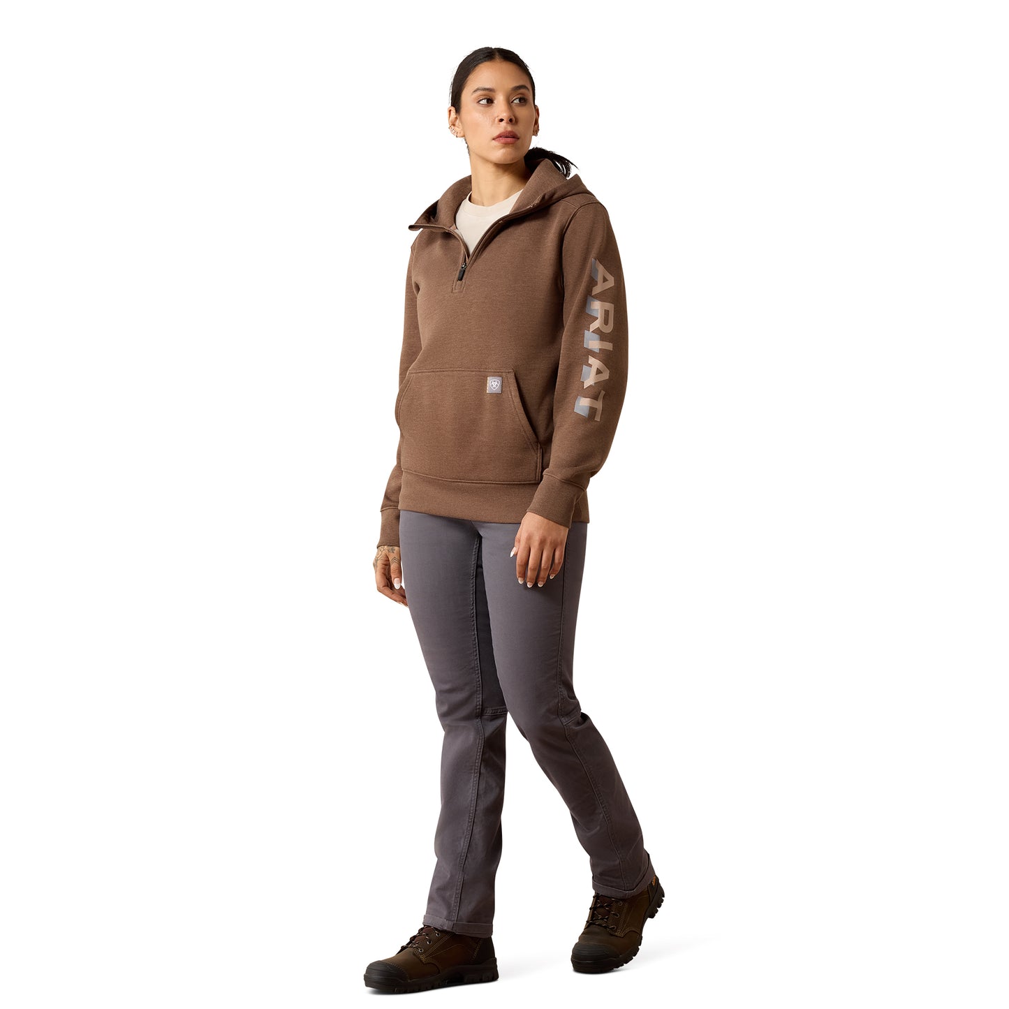 Ariat Women's Rebar Lightweight Logo 1/2 Zip Hoodie - Raindrum Heather/Ginger Snap