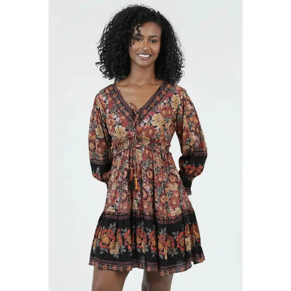Angie V Neck Tiered Tassels Long Sleeve Short Dress