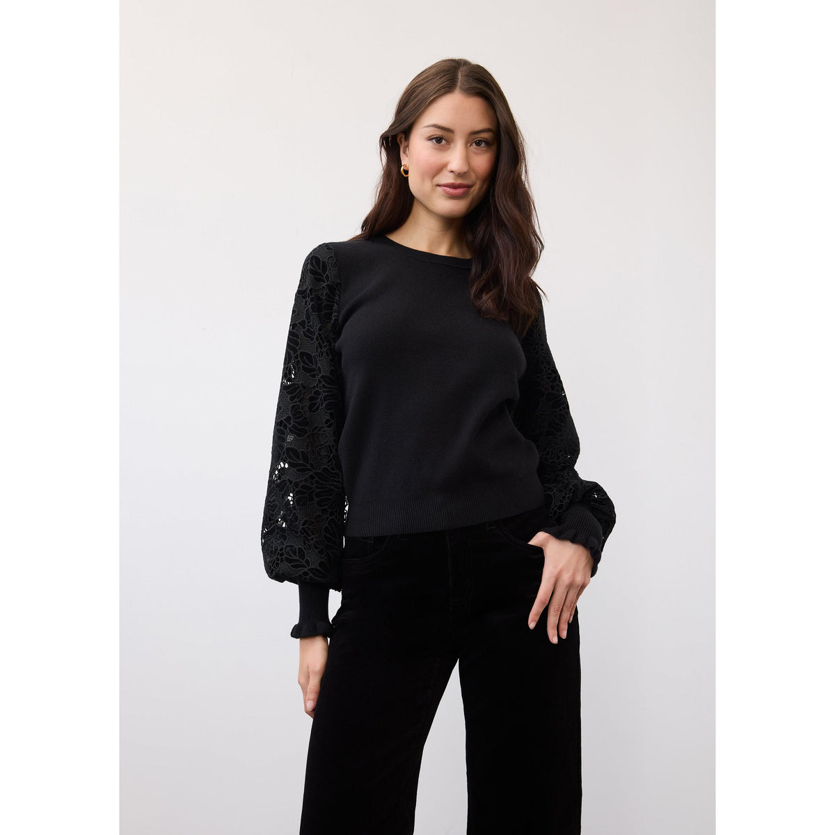 FDJ Women's Velvet Cut Out Sleeves Sweater - Black