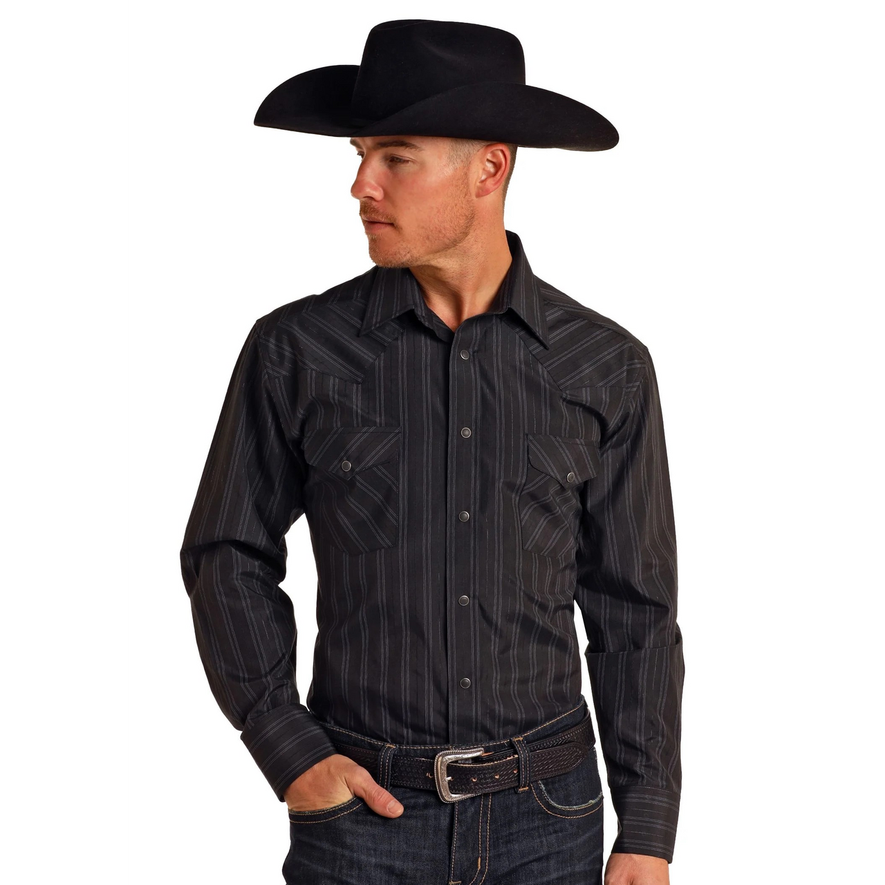 Panhandle  Men's Long Sleeve Stripe Shirt- Black
