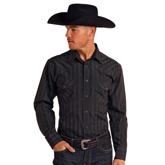 Panhandle  Men's Long Sleeve Stripe Shirt - Black