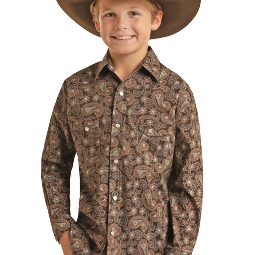 Rock & Roll Boy's Long Sleeve 2 Pocket Paisley Snap Shirt - Dark Brown