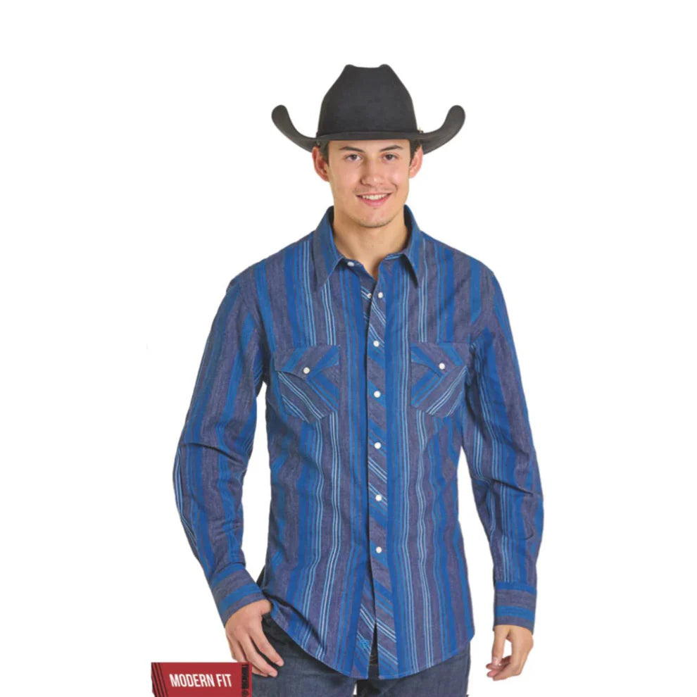 Rock & Roll Men's Denim Stripe Print Long Sleeve Shirt - Caribbean Stripe