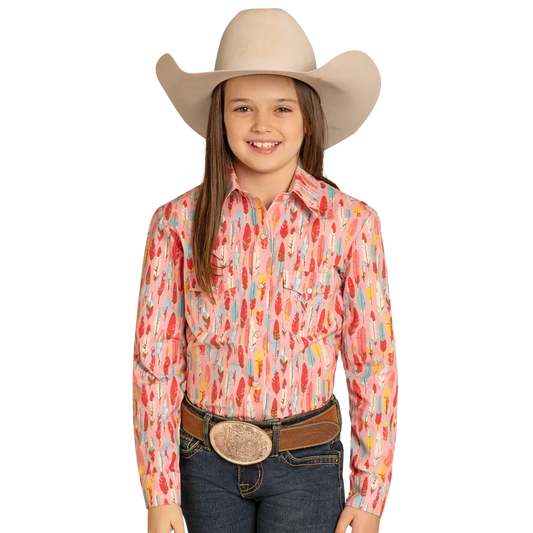 Panhandle Girl's Feather Print Long Sleeve Snap Shirt - Pink