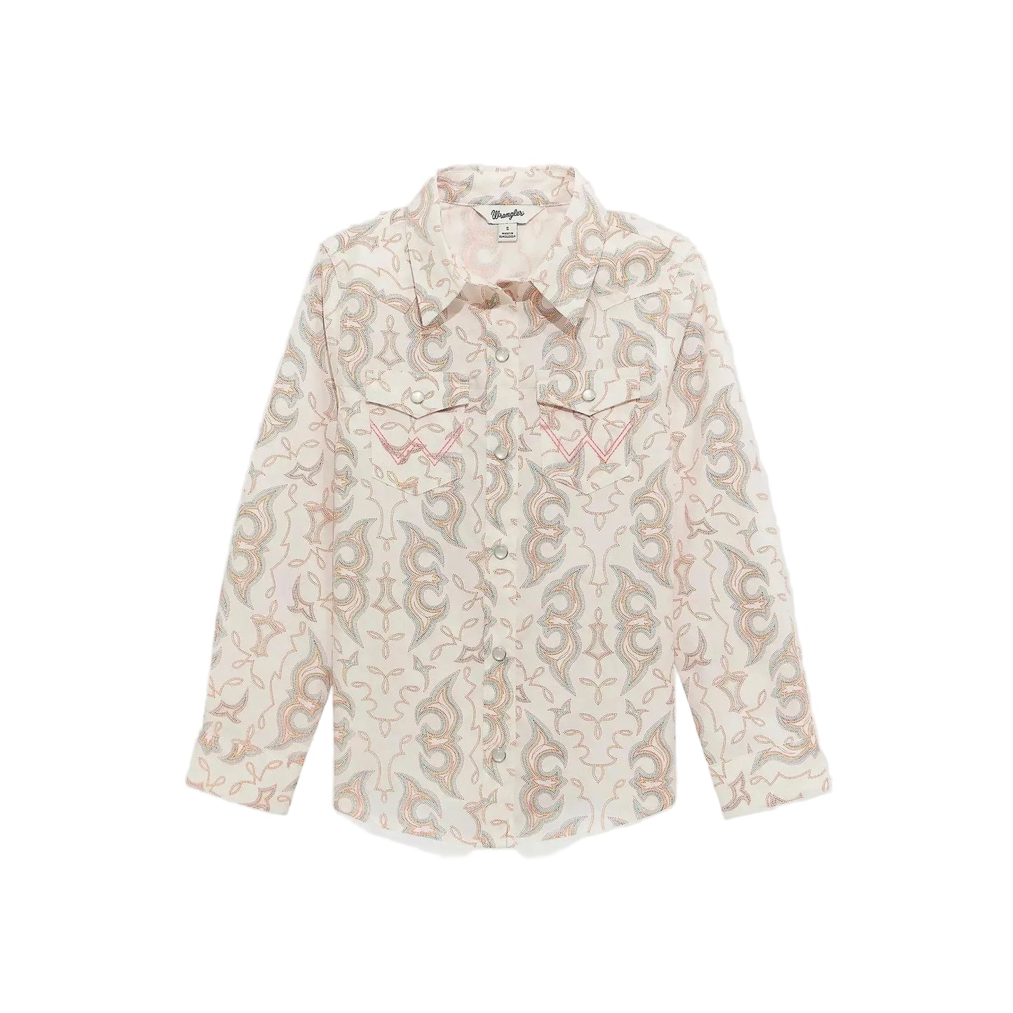 Wrangler Girl's Long Sleeve Bold Print Western Snap Shirt - White