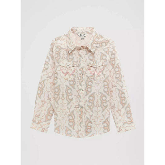 Wrangler Girl's Long Sleeve Bold Print Western Snap Shirt - White