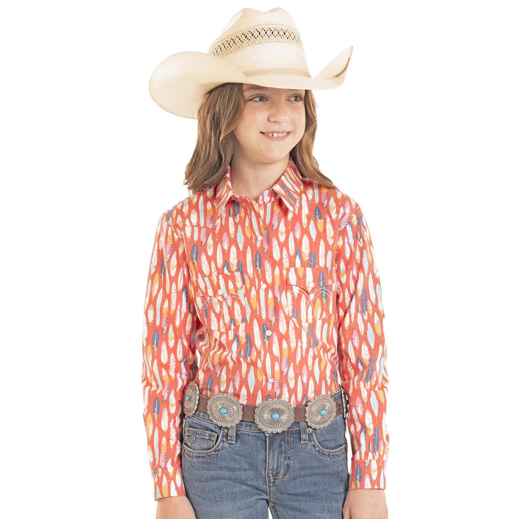 Panhandle Girl's Bright Feather Print Long Sleeve Snap Shirt - Coral